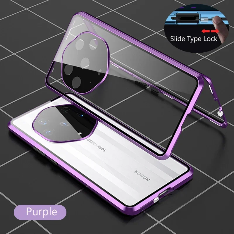 Color: PURPLE, Material: PVC - Double Sided Glass Magnetic Metal Snap Lock Phone Case For Honor Magic 4 5 Ultimate 6 Lite 7 Pro Lens Protection Cover Cases