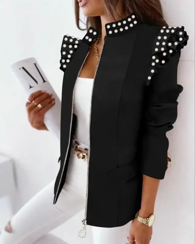 Color: GRAY, Size: XXL - 2022 Autumn and Winter Ruffled Long-sleeved Zipper Print Small Suit Jacket Women Blazers for Women Cropped Blazer Ladies Tops