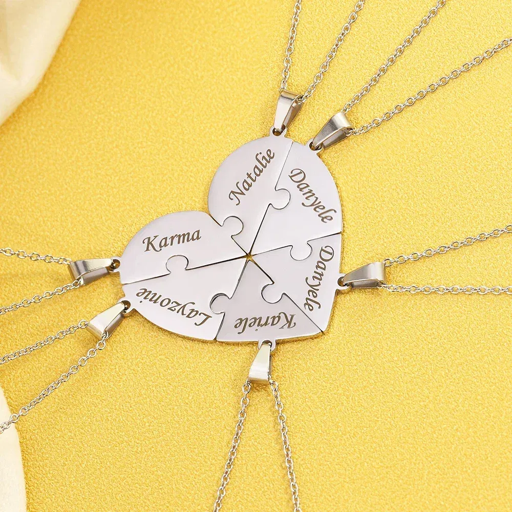 Metal Color: Blue Zinc, Length: 55cm, Main Stone Color: Silver - Personalized Charm Stainless Steel Pendant Name Jigsaw Heart Necklace for Women Jewelry for Men Family Name Chains Necklace