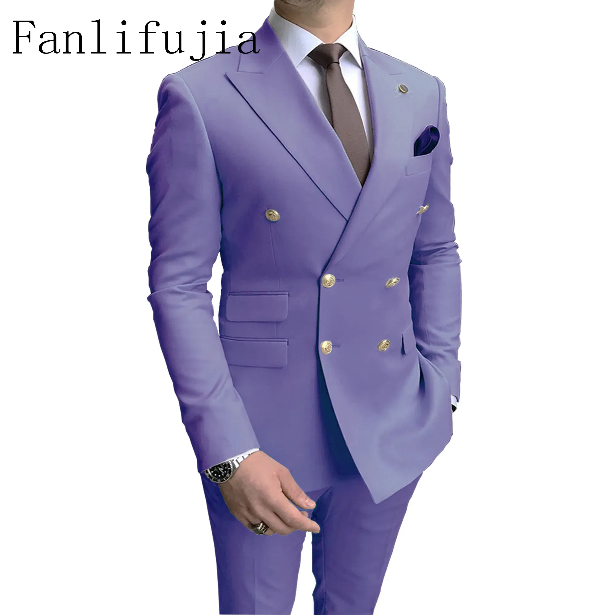 Color: Blue, Size: XL - Fanlifujia Store 2024 Casual Sky Blue Men Suits Double Brested Peak Lapel Gold Button Groom Wedding Tuxedos Best Costume Homme