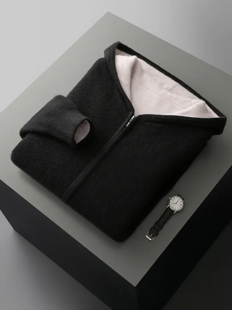 Color: black, Size: L - Reversible Men's Wool Cardigan Sweater Autumn Winter Hooded Solid 100% Merino Wool Knitted Casual Simple Man Jackets Thick Warm