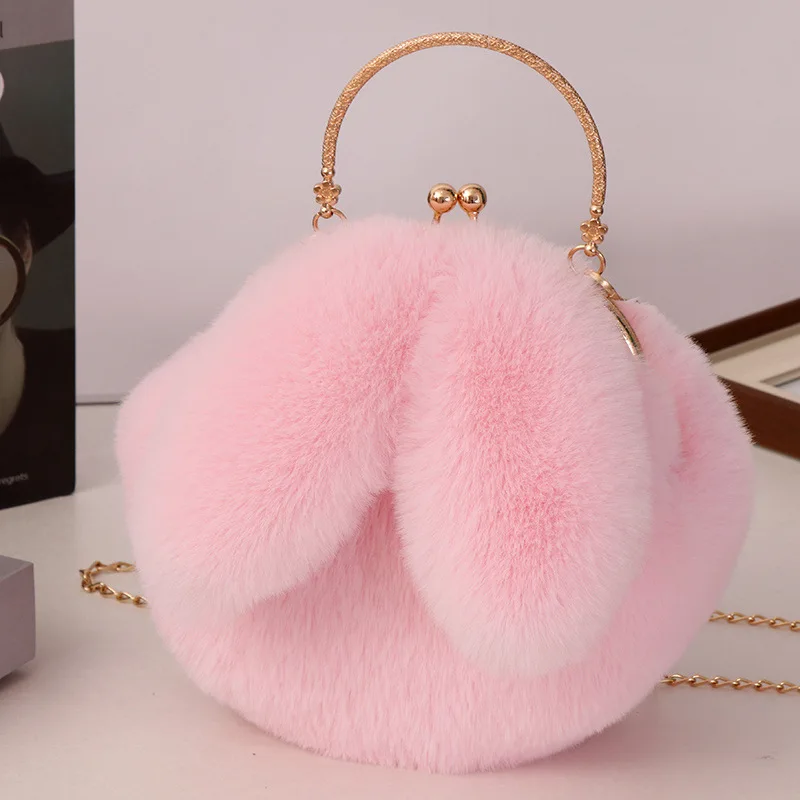 Color: Pink - Adorable Rabbit Ears Fluffy Crossbody Bag Women Stylish Chain Shoulder Handbag New