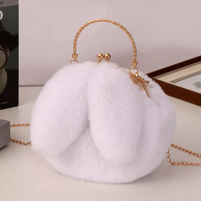Color: Pink - Adorable Rabbit Ears Fluffy Crossbody Bag Women Stylish Chain Shoulder Handbag New
