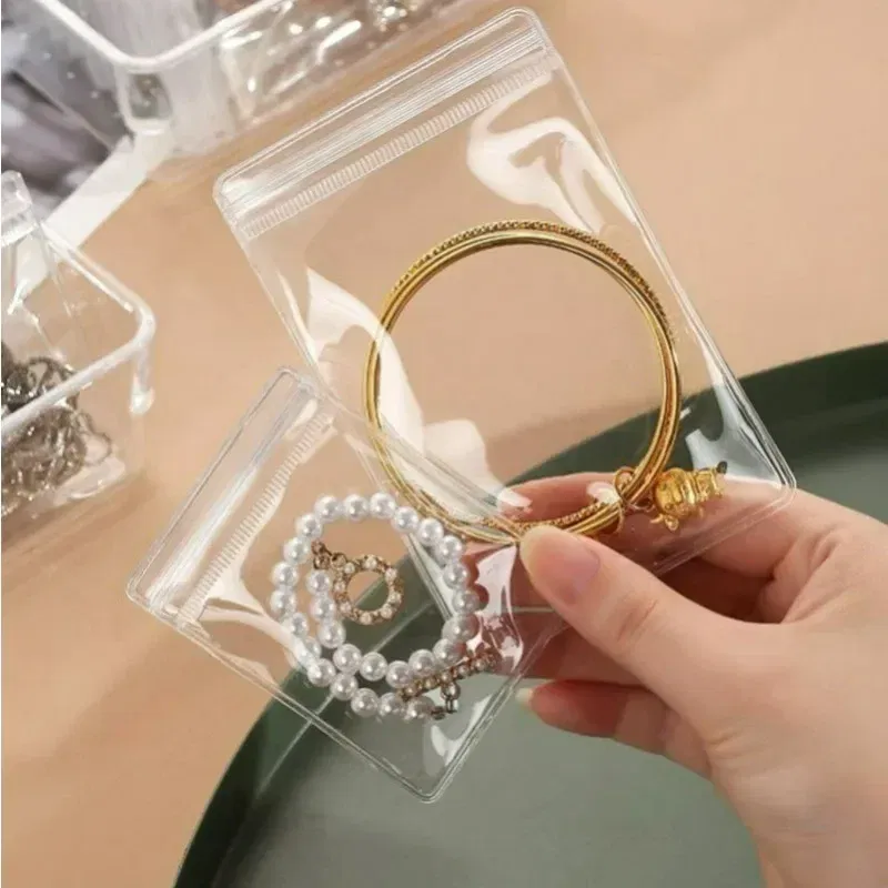 Size: L, Color: MULTI - 100/10Pcs PVC Jewelry Package Bags Thicken Self Sealing Pouches Anti-Oxidation Earring Necklace Clear Organizer Bag Reusable