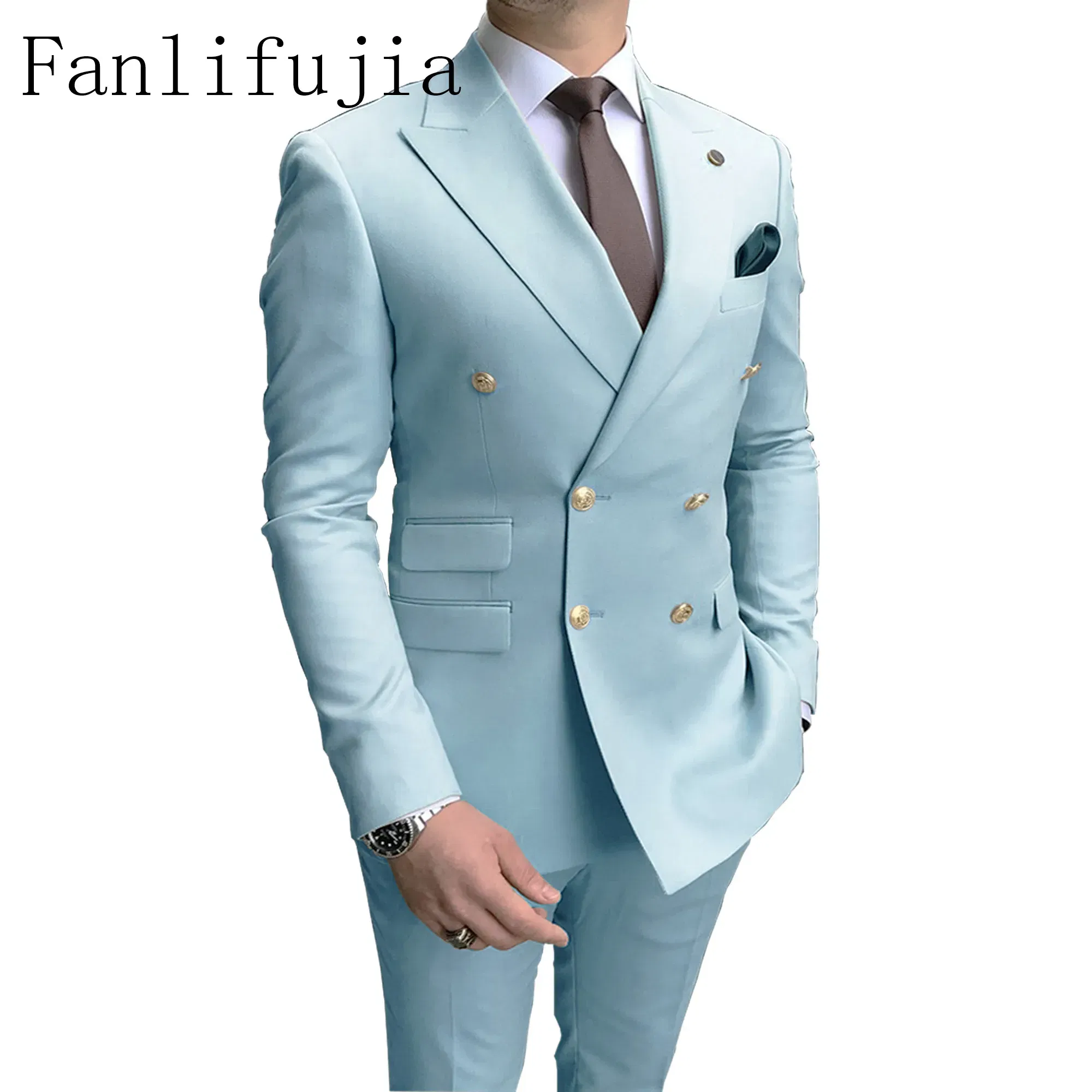 Color: MULTI, Size: 5XL - Fanlifujia Store 2024 Casual Sky Blue Men Suits Double Brested Peak Lapel Gold Button Groom Wedding Tuxedos Best Costume Homme
