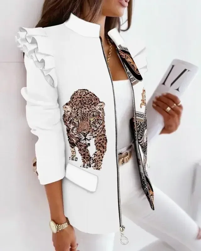 Color: Dark Grey, Size: XXL - 2022 Autumn and Winter Ruffled Long-sleeved Zipper Print Small Suit Jacket Women Blazers for Women Cropped Blazer Ladies Tops