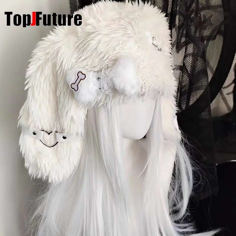 Color: black, Hat Size: 6 - Gothic Lolita Y2k Girls Women's  Subculture Punk Bone Plush Rabbit Ear Beanie Hat Harajuku Women's Winter Warmer Plush Hat