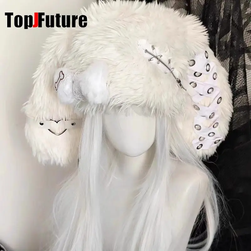 Color: black, Hat Size: 6 - Gothic Lolita Y2k Girls Women's  Subculture Punk Bone Plush Rabbit Ear Beanie Hat Harajuku Women's Winter Warmer Plush Hat