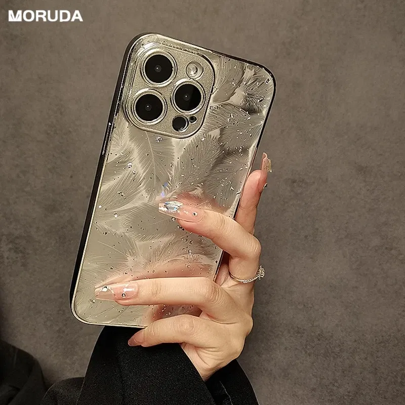 Color: Beige, Material: Aluminum - Luxury Plating Feather Phone Cover For iPhone 12 Pro 14 13 11 15 Pro Max Hard Anti-drop Lens Protection Case For iPhone 15 Plus