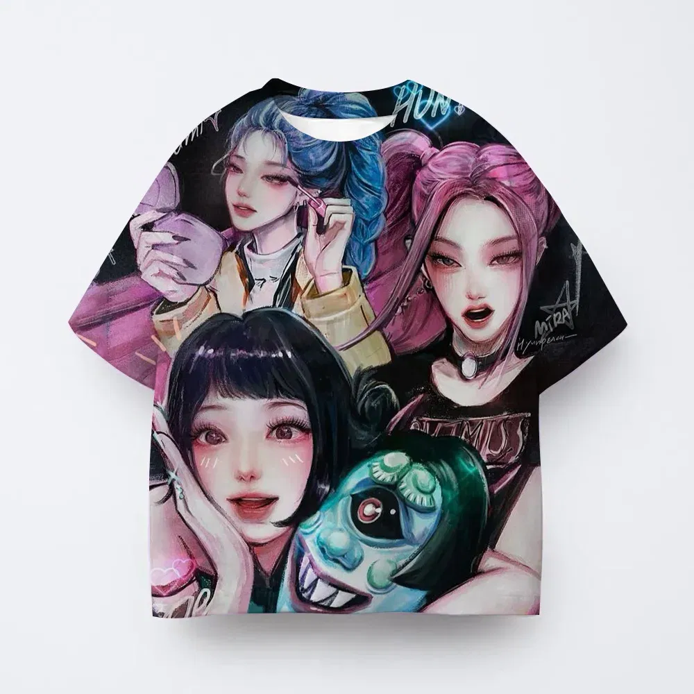 Color: Khaki, Kid Size: 4 - Toddler Girl Clothes Kpop Demon Hunters Cartoon Tee Shirt Funny Gift for Fans Harajuku Cool Kids T-shirts Cotton Summer Tops