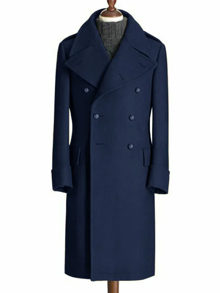 Color: Navy Blue, Size: XXL - Windbreak Men's Jacket Wool Long Coat Lapel Double Breasted Men's Trench Coats Windbreakers Jackets Man Winter 2023 Martens Male
