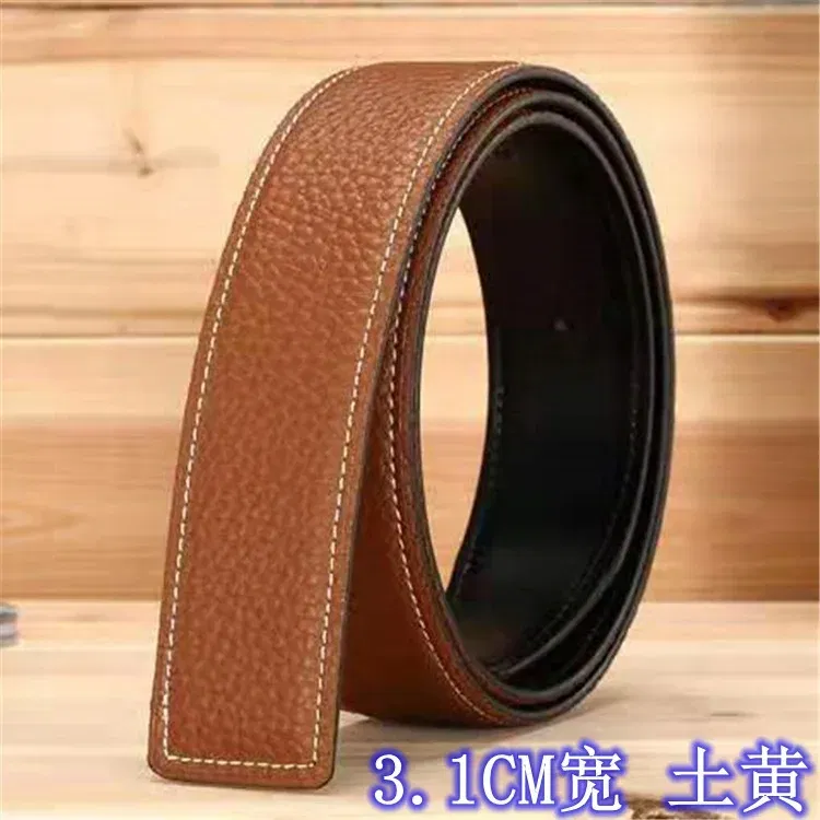 Color: Light Grey, Belt Length: 115CM - 3.1cm No Buckle Belt Brand Belt Men High Quality Male Genuine Real Leather Strap forJeans Litchi grain Belt Cinturones Hombre