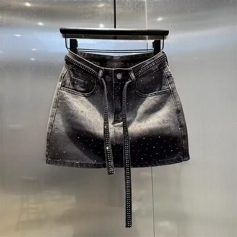 Color: Beige, Size: XL - Oversize Retro Diamond Denim Mini Skirt for Women Summer High Waist Shiny Rivet Slim Skirts Gradient Black Grey Jean Skirts