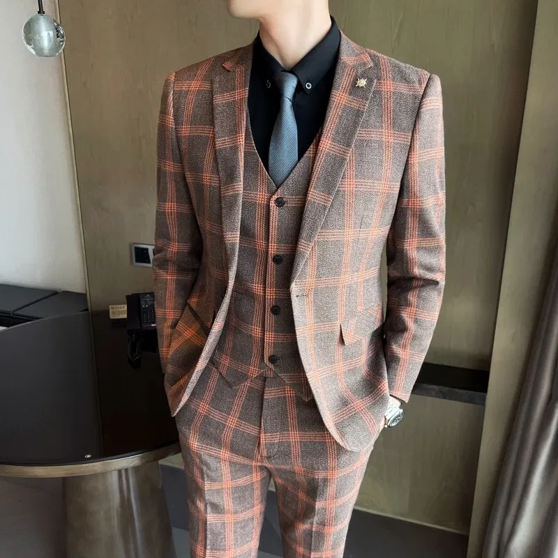Color: Blue, Size: XXL - High-quality British men's fashionable and stylish checkered casual suit set for autumn, a casual and fitted suit set of three
