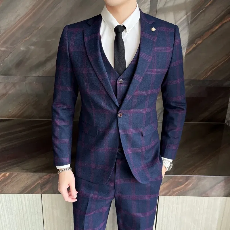 Color: Blue, Size: XXL - High-quality British men's fashionable and stylish checkered casual suit set for autumn, a casual and fitted suit set of three