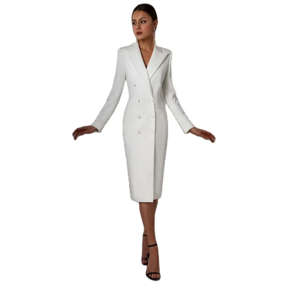 Color: WHITE, Size: L - Women's Suit Long Blazer Double Breasted Jacket White Tuxedo Party Point Lapel Clothes спор?‚ивн?‹й кос?‚юм ?¶?µнск