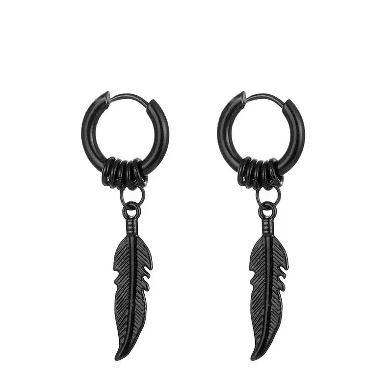 Metal Color: RED - 2pcs Fashion Cross Feather Stud Earrings, Punk Rock Style For Women Men High Quality Stainless Steel Hiphop Ear Jewelry