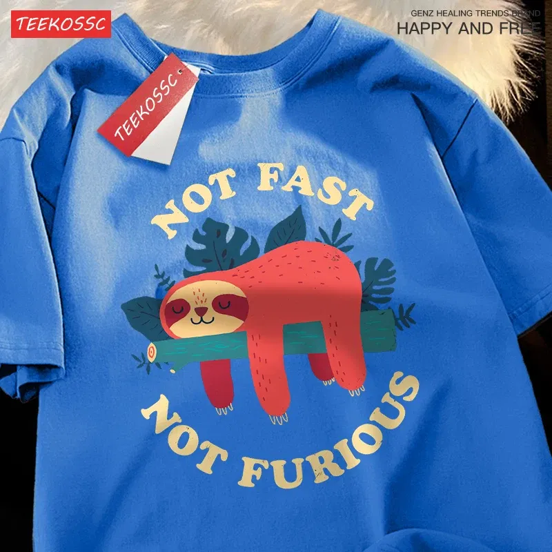 Color: Pink, Size: M - Not Fast Not Furious Cute Sloth Male T Shirts Hip Hop Crewneck Short Sleeve Summer Cotton Tops Casual Sweat Oversized T-Shirts
