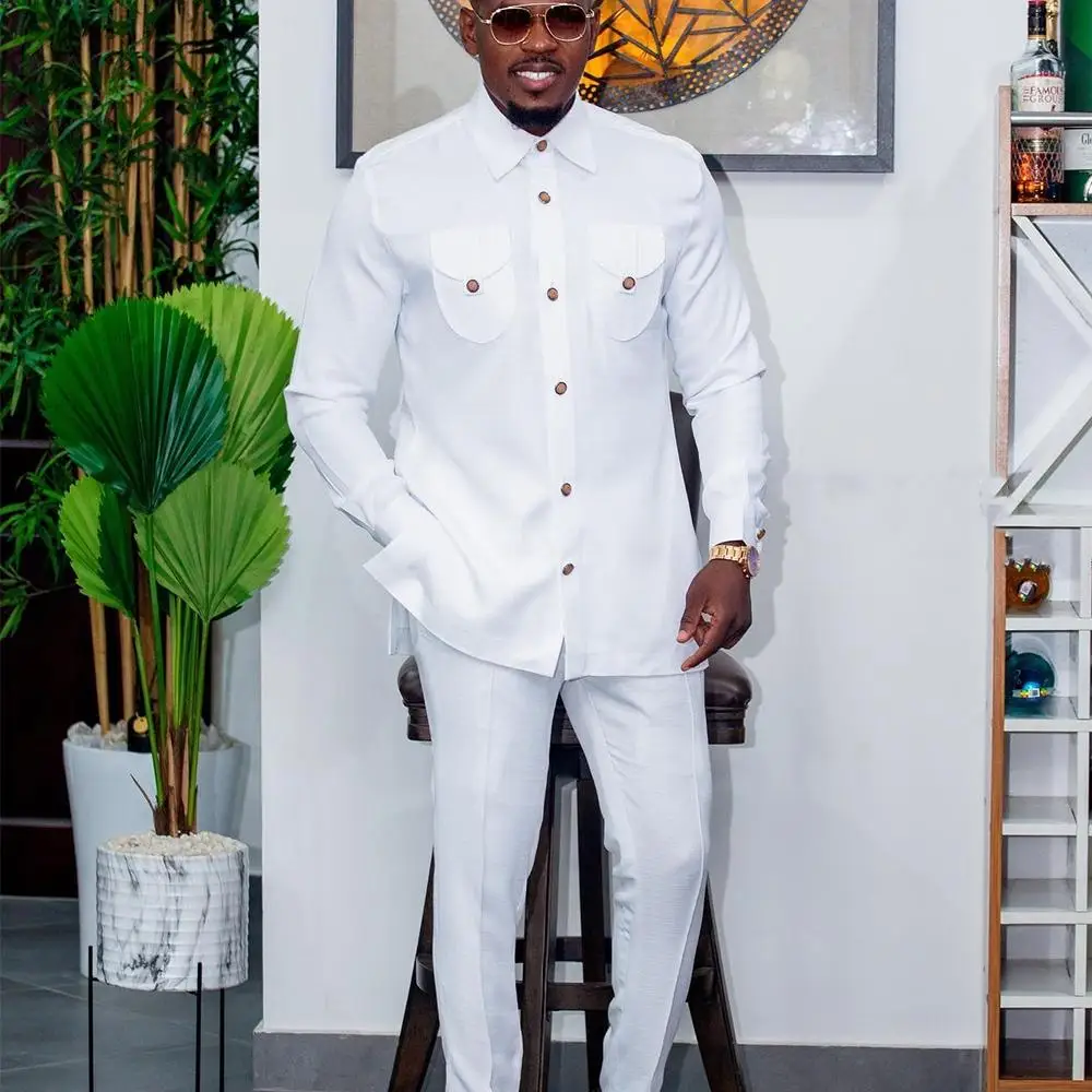 Color: black, Size: M - 2025 New men's suit, white pocket, 2-piece set, luxury wedding casual suit, traditional African style of ethnic minorities