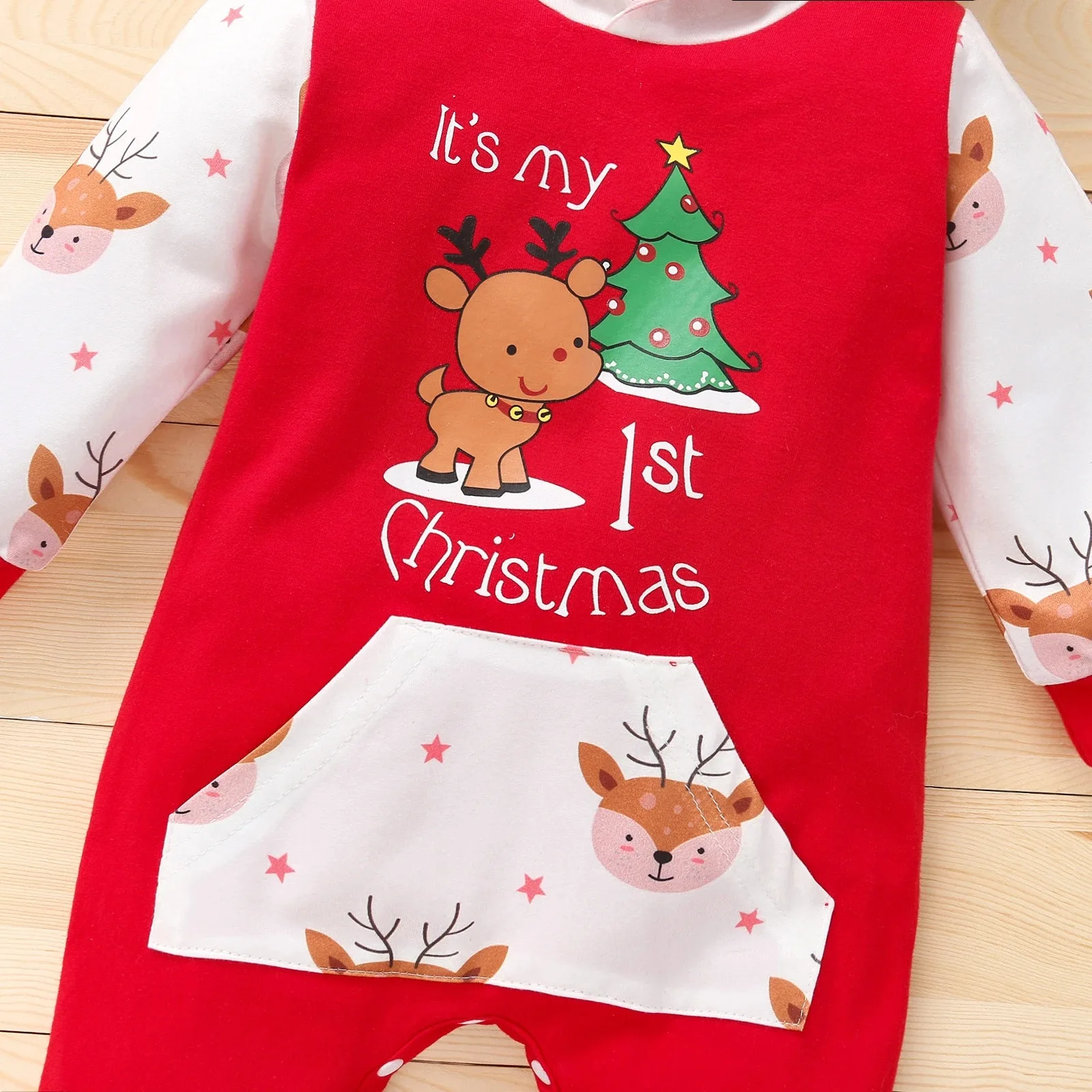Color: Red, Kid Size: 12M - Autumn Baby Girl Deer Print Christmas Jumpsuit Long-Sleeved Front Patch Pocket Hooded Jumpsuit