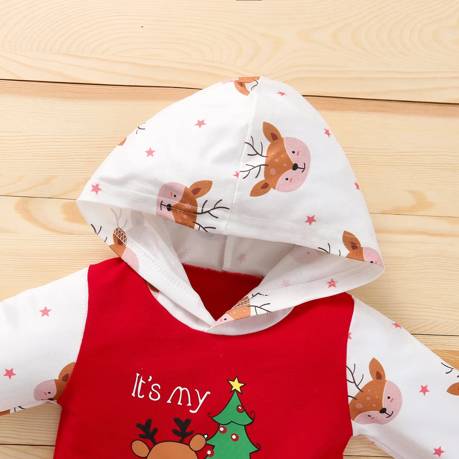 Color: Red, Kid Size: 12M - Autumn Baby Girl Deer Print Christmas Jumpsuit Long-Sleeved Front Patch Pocket Hooded Jumpsuit