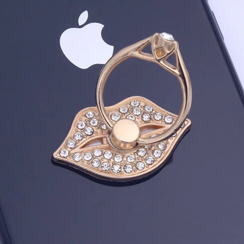 Color: Pink - Lip Phone Holder Metal Diamond-studded Ring Holder Red Lips Ring Holder OPPO VIVO Cellphone Holder Universal