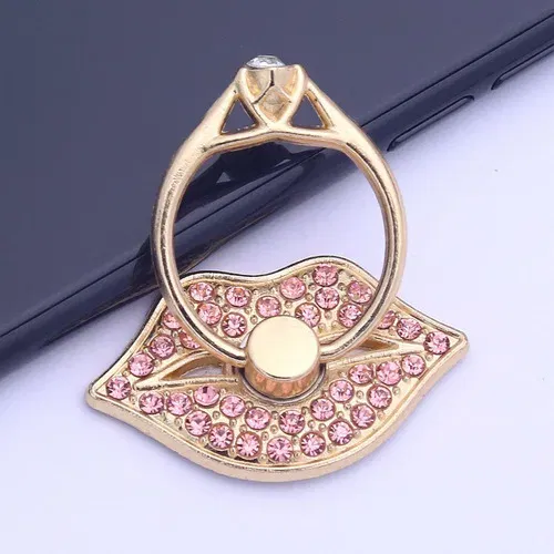 Color: Pink - Lip Phone Holder Metal Diamond-studded Ring Holder Red Lips Ring Holder OPPO VIVO Cellphone Holder Universal