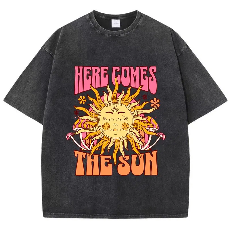 Color: black, Size: S - Oversize Women's Washed T-Shirt Cotton Here Comes The Sun Prints T Shirts Casual O-Neck Short Sleeve Tops Loose Women's Clothes