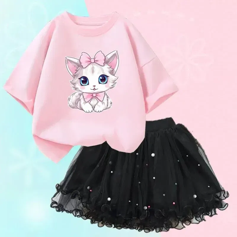 Kid Size: 12T, Color: Beige - Cute Summer Girls Outfits Cartoon Cat T-shirt and Tutu Skirt 2pc/Set Girl Princess Clothes Suit Children Birthday Clothing