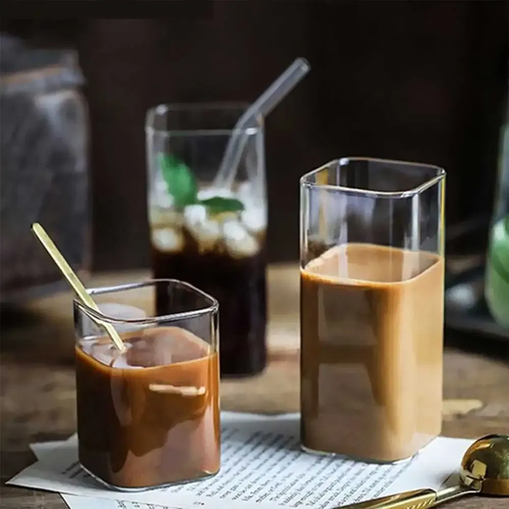 Color: black, Capacity: 301-400ml - Square Simple Glass Cup Transparent Cold Drink Large-capacity Milk Juice Tea Drink Water Mousse Cups Wine Glass Beer Coffee Mug