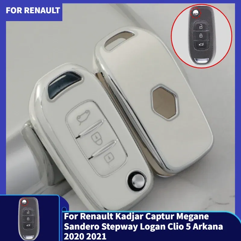 Color Name: WHITE - For Renault Kadjar Captur Megane Sandero Stepway Logan Clio 5 Arkana 2020 2021 TPU Car Flip Key Case Cover Key Protector