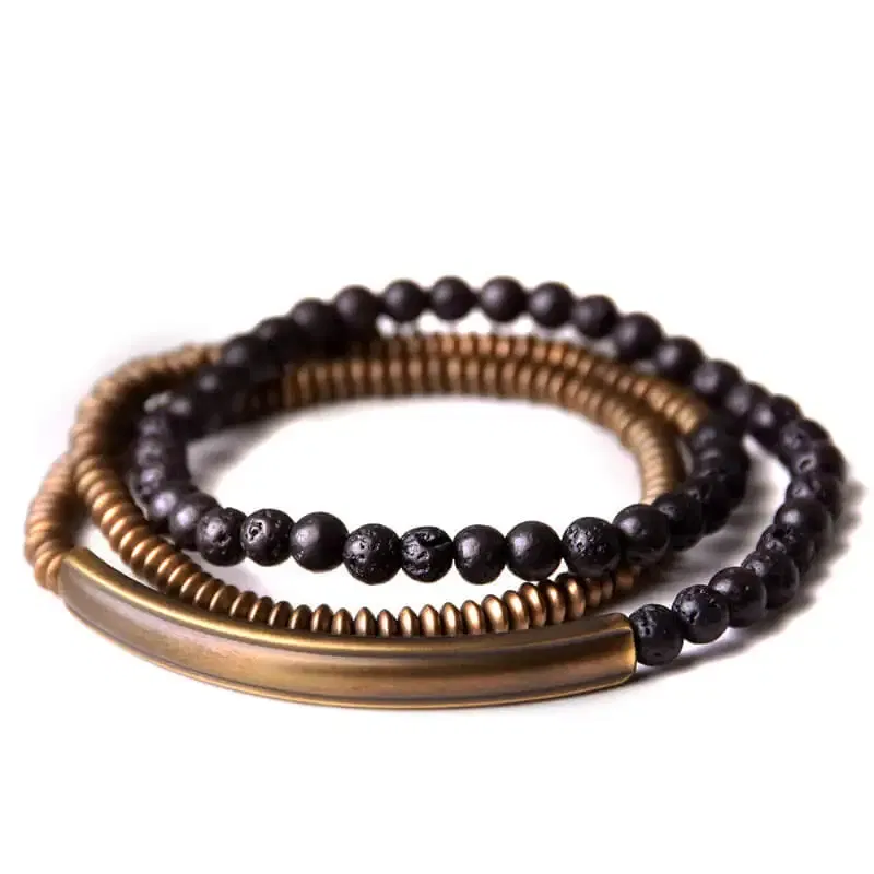 Length: 18cm - Metallic Copper Lava Stone Handmade Bracelet Multi Row Jewelry For Men Women Rock Street Hardwear Original Design Bangle