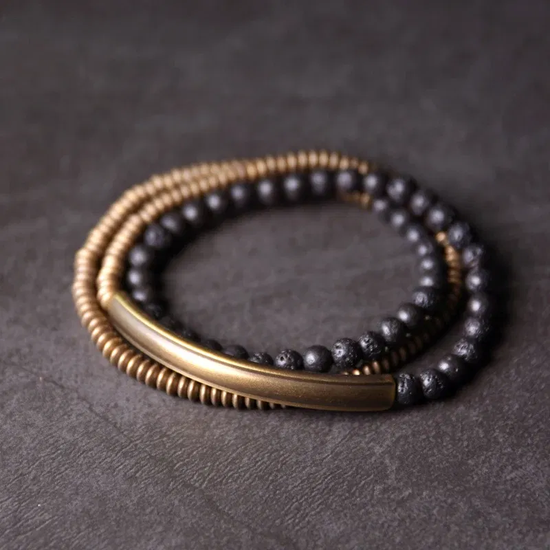 Length: 18cm - Metallic Copper Lava Stone Handmade Bracelet Multi Row Jewelry For Men Women Rock Street Hardwear Original Design Bangle
