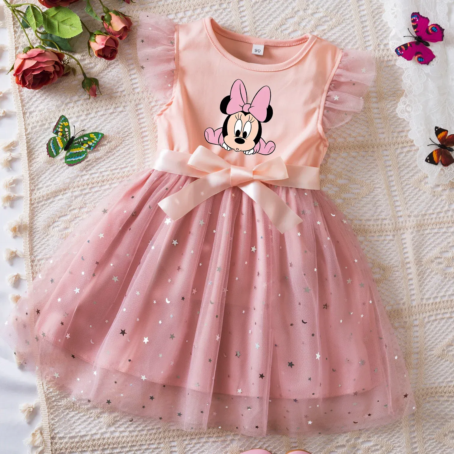 Color: Beige, Size: M - Mickey Minnie Mouse Girls Summer Clothes Flying Sleeves Bow Sequin Dress 2-6Y Kid Birthday Tutu Princess Dress for Baby Girl