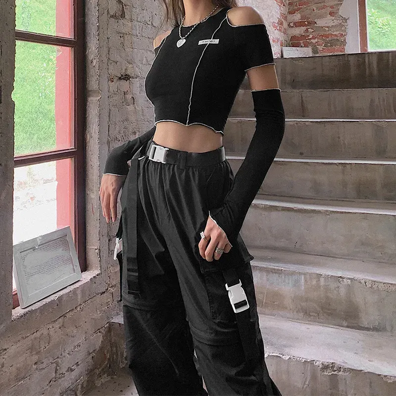 Color: black, Size: M - Patchwork Black T-shirts Gothic One Shoulder Sleeve Y2k Crop Tops Ruffles Hem Hip Hop Techwear Women Tees