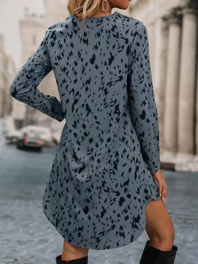 Color: Blue, Size: XL, Ships From: CHINA - Spring Summer New Women Dress Casual Sexy V-Neck Long Sleeve Leopard Print Mini Dress Loose A-Line Shirt Dress Elegant Feminino