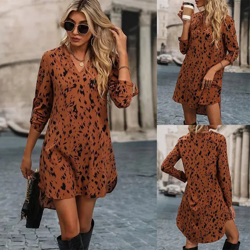 Color: Blue, Size: XL, Ships From: CHINA - Spring Summer New Women Dress Casual Sexy V-Neck Long Sleeve Leopard Print Mini Dress Loose A-Line Shirt Dress Elegant Feminino