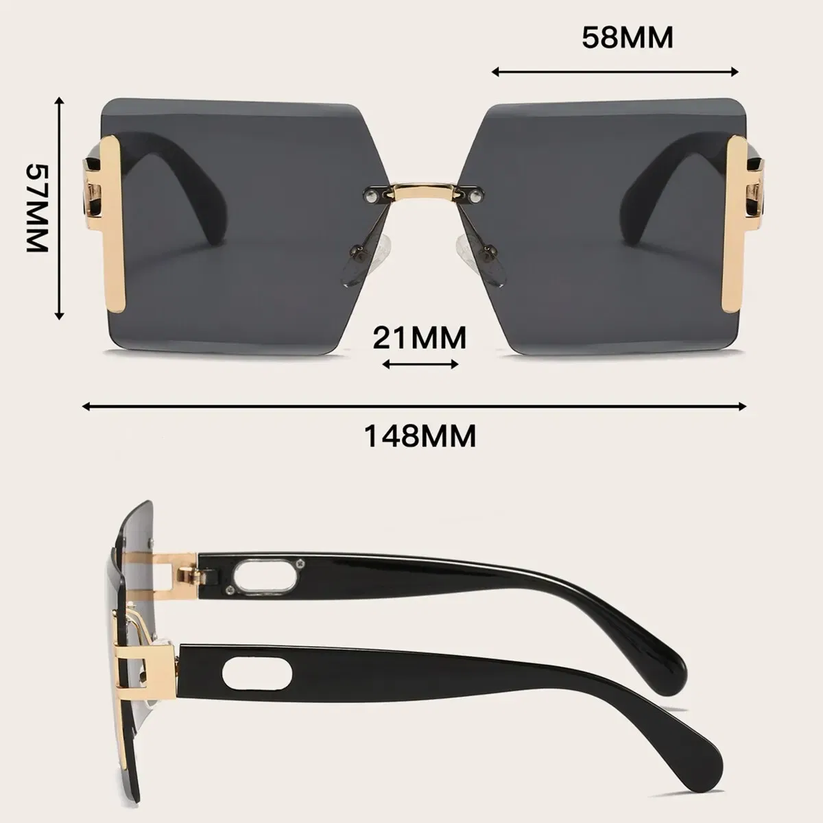 Frame Color: Gold, Lenses Color: WHITE - 1pair Square Sunglasses For Men And Women Rimless Cut Edge Retro Glasses Y2K Luxury Holiday Accessories Fashionable Sunscreen