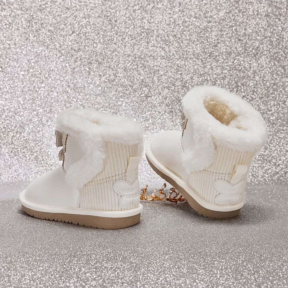 Dave Bella Children's Short Leather Boots Winter Fashion Casual Girls Beige Anti Slip Plush Shoes Thicken Outdoor Warm DB4254752