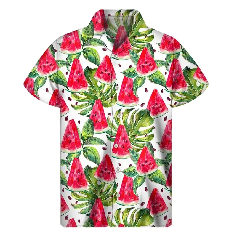 Color: Pink, Size: S - Tropical Watermelon Graphic Hawaiian Shirt Summer Street Short Sleeves 3d Printed Fruits Button Shirts Men Clothes Lapel Blouse