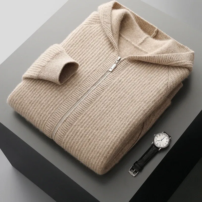 Color: Dark Grey, Size: XXL, Ships From: CHINA - New Product 100% Merino Wool Knitted Cardigan For Men Hooded Sweater Casual High-end Jacket Men's long Sleeved Wool Sweater Coat