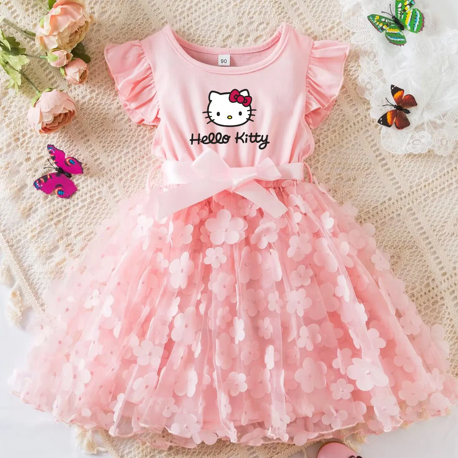 Color: Beige, Size: XL - Hello Kitty Summer Dress for Kid's Casual Clothes 3D Butterfly Cute Baby Girls Princess Dress Party Dresses 2-6 Yrs