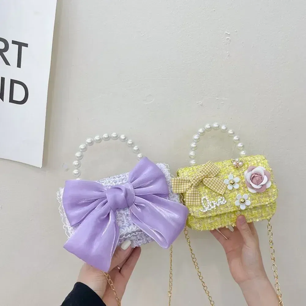 Color: Ivory - New Children's Fashion Little Fragrant Wind Elsa Princess Bag Little Girl Pearl Handheld Crossbody Bag Net Red envelope