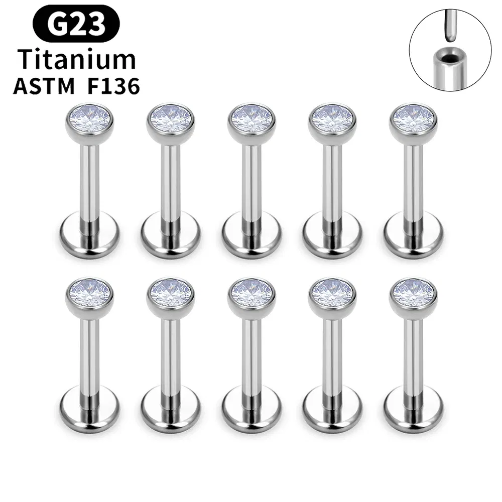 Metal color: Rhodium Plated, Ships From: CHINA, Main Stone Color: Clear - 10PCS ASTM F136 G23 Titanium Piercing Labret Lip Ring Stud Earring CZ Ear Tragus Cartilage Helix Daith Pierc Jewelry 16/18/20g