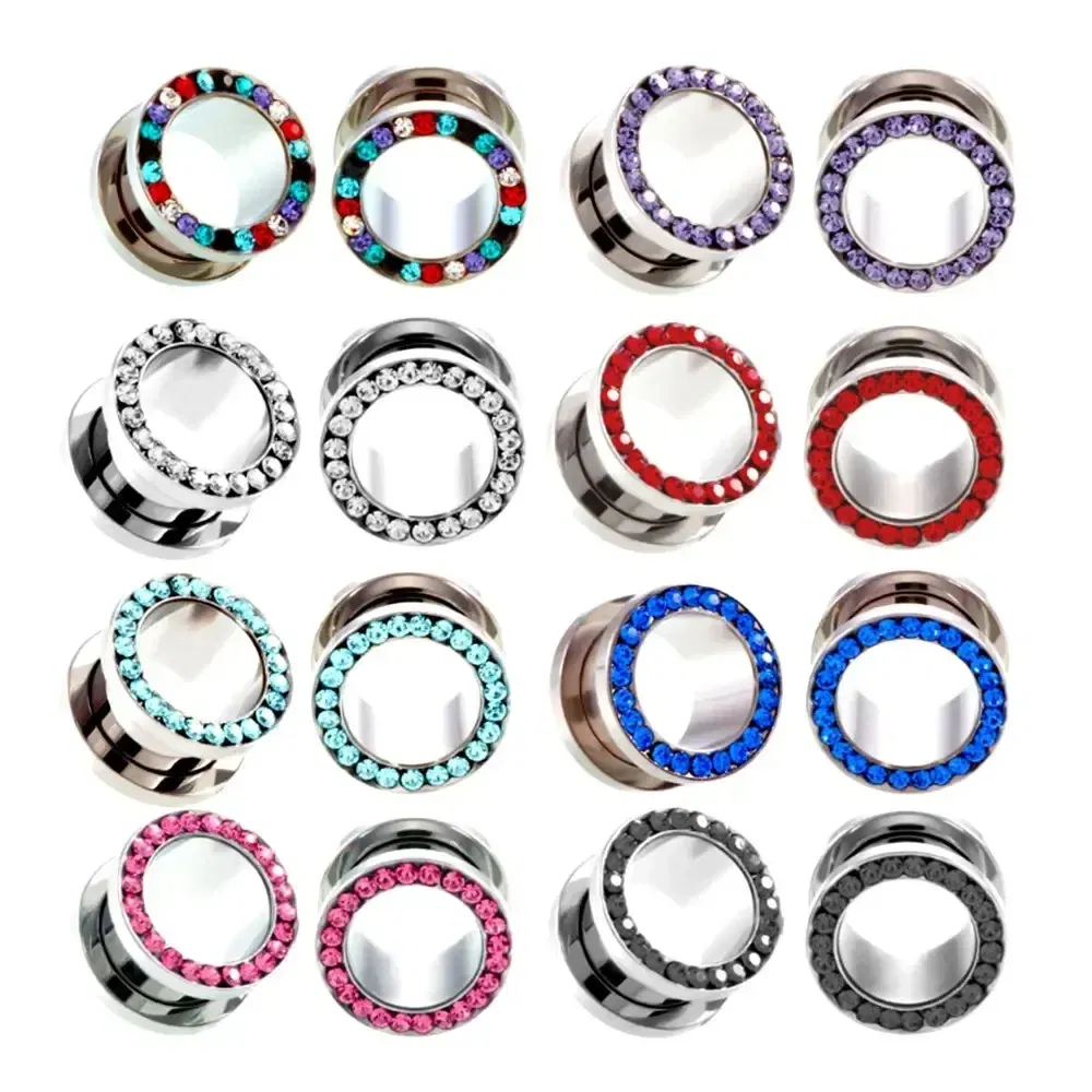 Metal color: Gold-color, Main Stone Color: Silver - 2pc Steel Multicolour Crystal Ear Plug Flesh Tunnel 8g ( 3mm ) - 1" ( 25mm ) Gauge Expander Stretcher Screw Fit