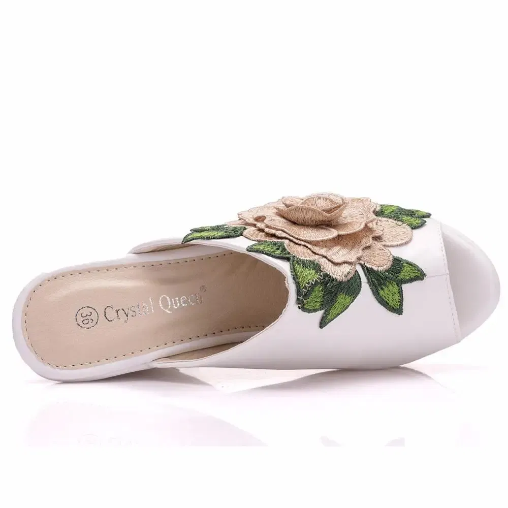 Color: black, Shoe Size: 39 - Crystal Queen Black White Peep Toe Platform Wedges High Heels Slippers Beach Sandals Women Lace Flower