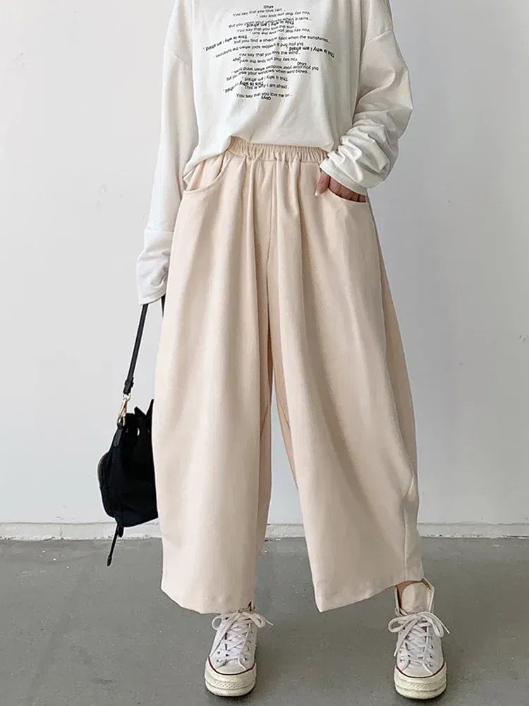 Color: Beige, Size: L - 2023 Autumn Casual Harem Pants Women Cotton High Waisted Trousers Retro Loose Bloomers Women's Oversize Pants Baggy Sweatpants