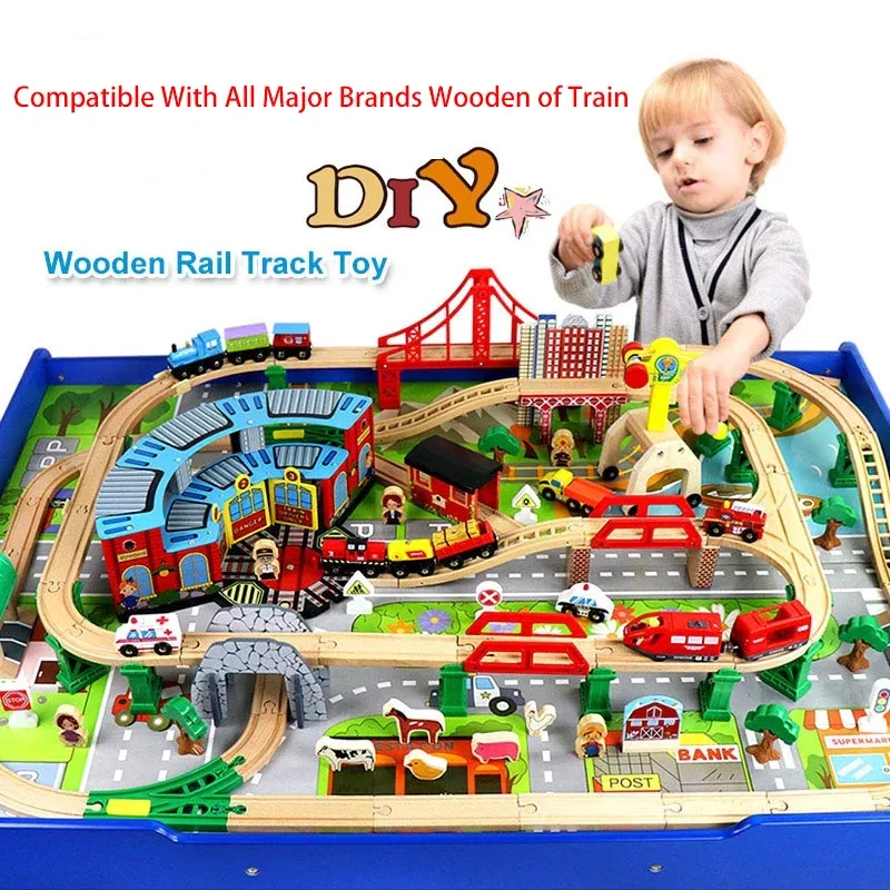 Color: PURPLE - Wooden Bridge Tunnel Urban Rail Overpass Traffic Car Toy Scene Combined Train Rail Track Wooden Accessories Beech Turntable DIY