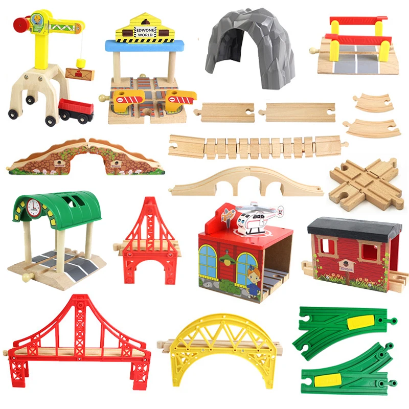 Color: PURPLE - Wooden Bridge Tunnel Urban Rail Overpass Traffic Car Toy Scene Combined Train Rail Track Wooden Accessories Beech Turntable DIY