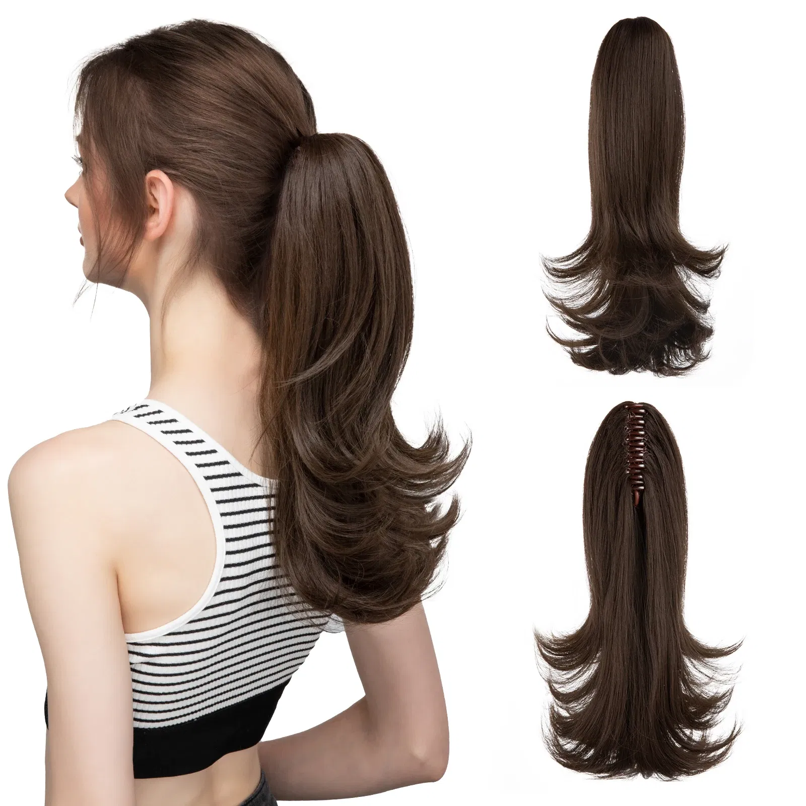 Color: P1B/613, Stretched Length: 14inches - Synthetic Claw Clip In Ponytail Hair Extensions 14 Inch Wavy Hairpiece Fake Blonde Black Hair False Pigtail With Elastic Band